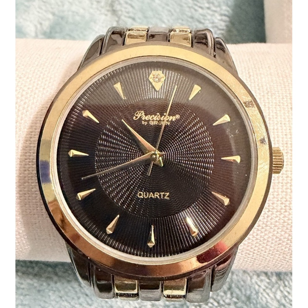 Precision By Gruen Diamond Quartz Watch Black Dial Gunmetal And Gold GP418MN